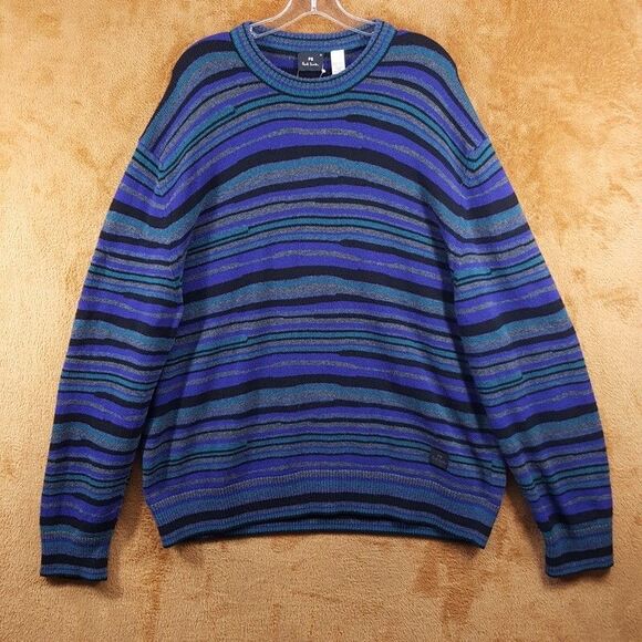 PAUL SMITH Mens Sweater XXL Blue Purple Stripe Pullover Crew Wool Knit Logo $325 - Picture 2 of 8